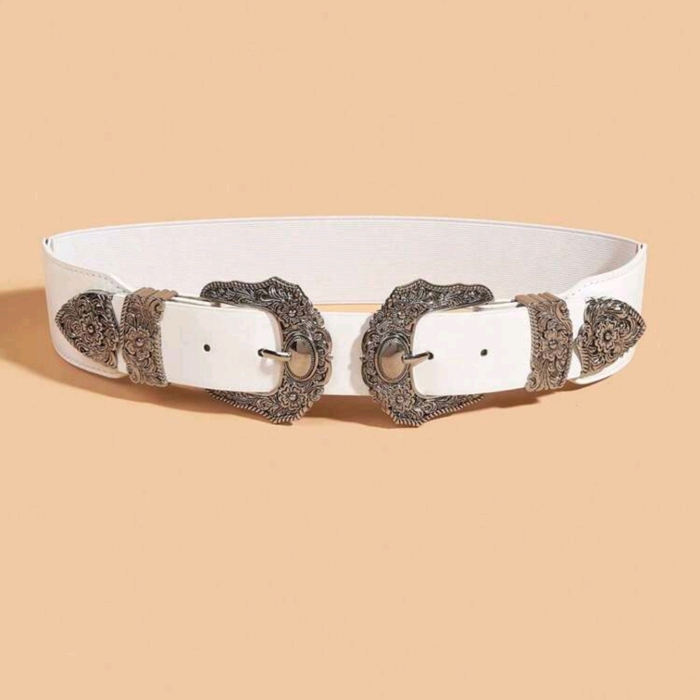 White Western Double Buckle Belt